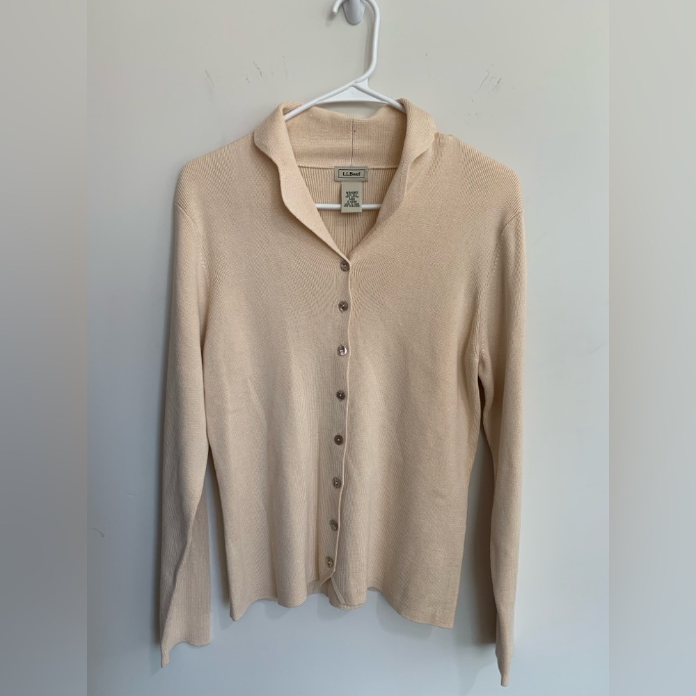 BN5 L.L. Bean Cream Cardigan Sweater Grannycore Silk Cotton Knit Medium‎
